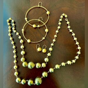 Elegant Gold Tone Graduating Ball Beads Necklace 34” & 2 pairs Earrings Set